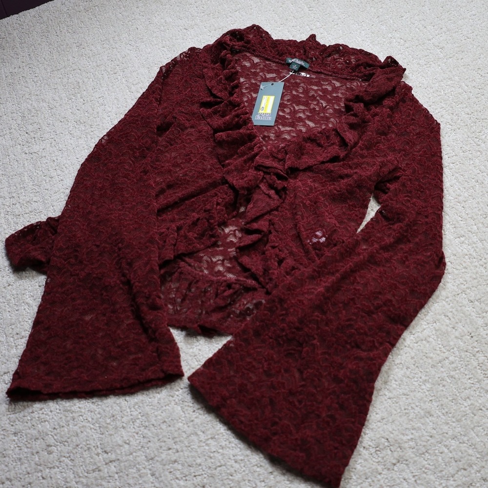Wild Fable Burgundy Sheer Lace Ruffle Shrug Bell Sleeve Cardigan Medium NEW